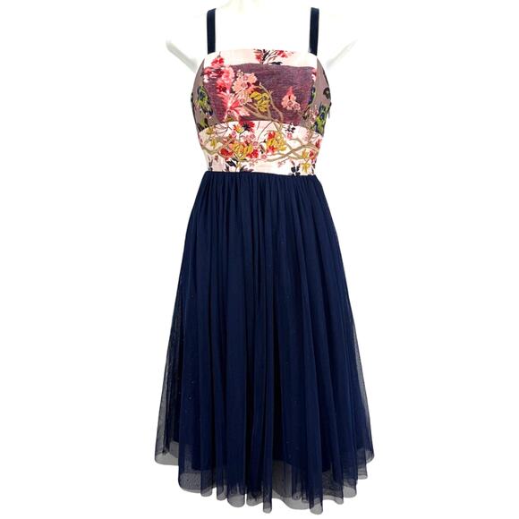 Moulinette Soeurs Anthropologie Fairy Whimsigoth Navy Tulle Embroidered Dress 0 - Picture 1 of 15